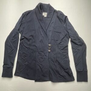 Lucky‎ Lotus Cardigan Sweater Large Cowl Neck Navy Blue 3 Button